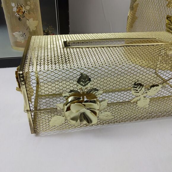 Brass Filigree Tissue Box Holder Cover Roses Garbage Can Vintage MCM - Picture 2 of 11